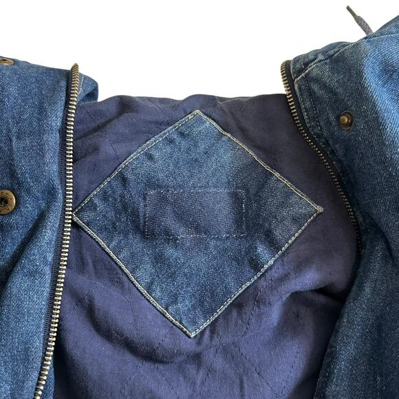 Vintage 80s Andy Johns Longline Denim Hooded Coat Jacket Utility Pockets Blue - Picture 11 of 15